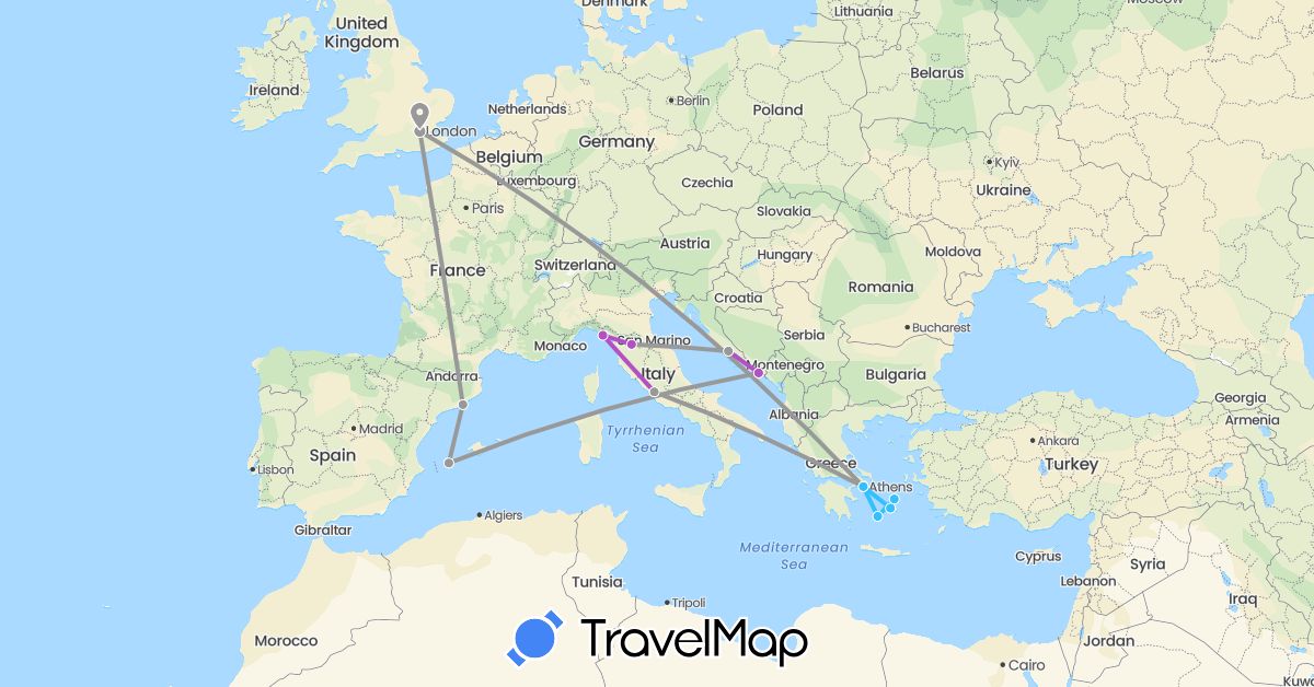 TravelMap itinerary: driving, plane, train, boat in Spain, United Kingdom, Greece, Croatia, Italy (Europe)